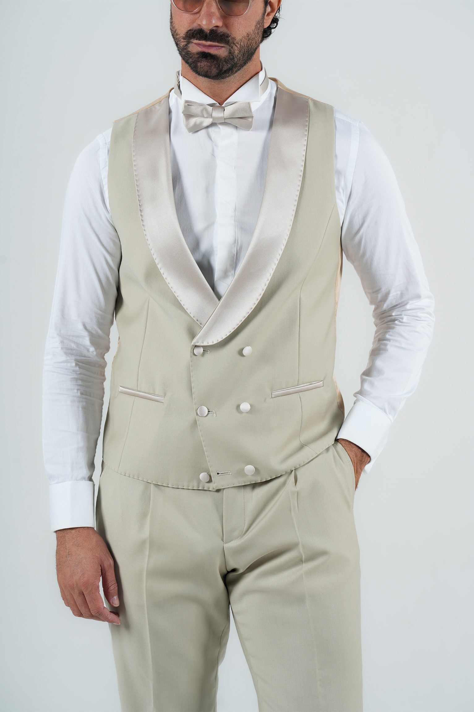 Cream Slim Fit Doppelreihiger Smoking-Anzug
