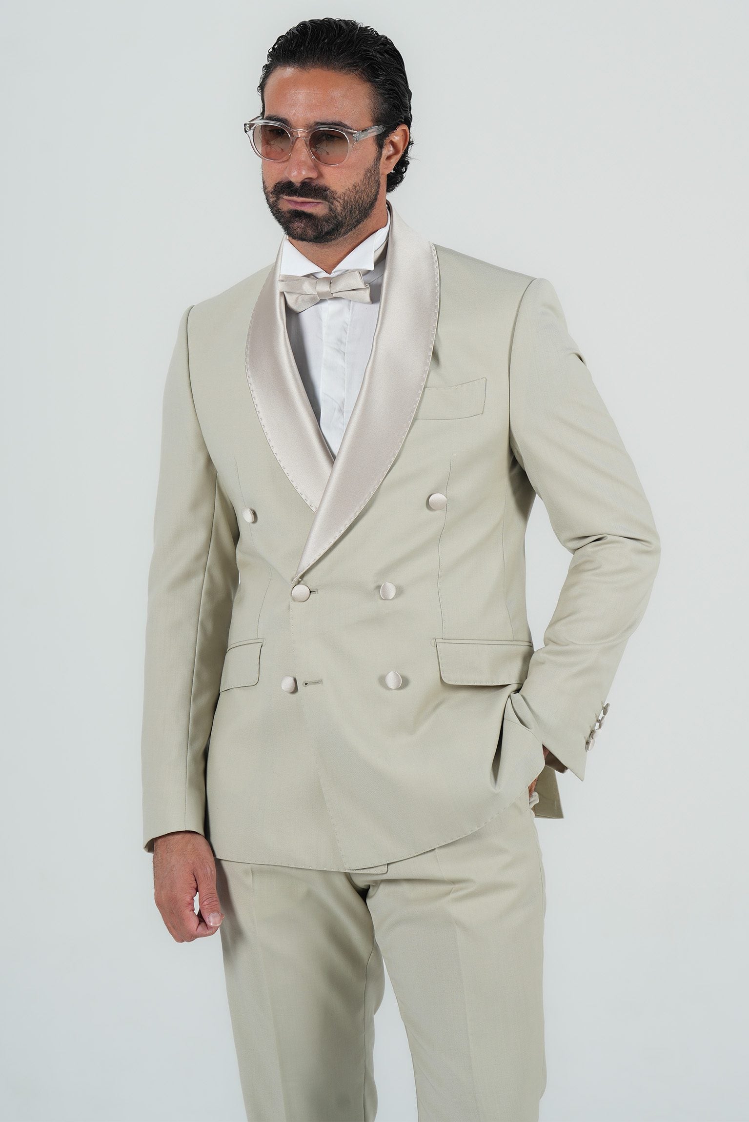 Cream Slim Fit Doppelreihiger Smoking-Anzug
