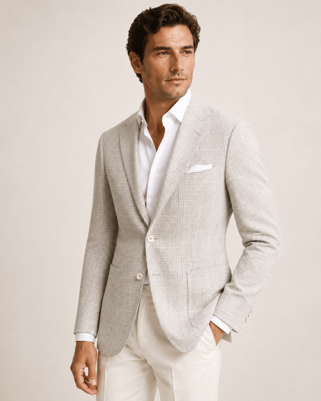 Beiger Leinenblazer mit Mikro-Karomuster und einreihigem Design
