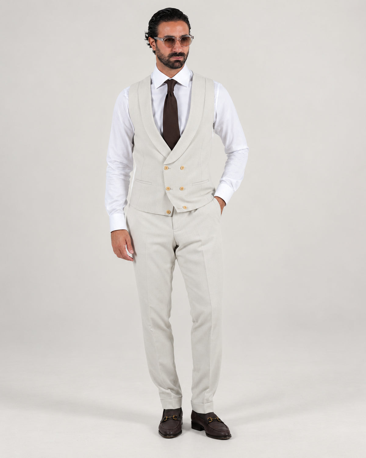 Beige tailored-fit three-piece microfibre-blend suit
