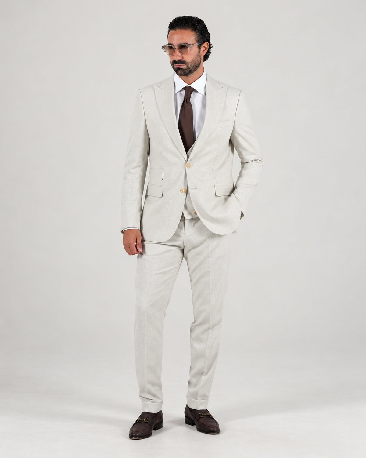 Beige tailored-fit three-piece microfibre-blend suit