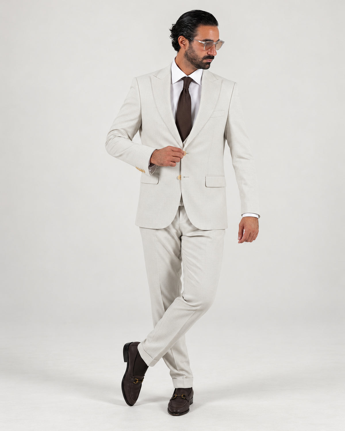 Beige tailored-fit three-piece microfibre-blend suit