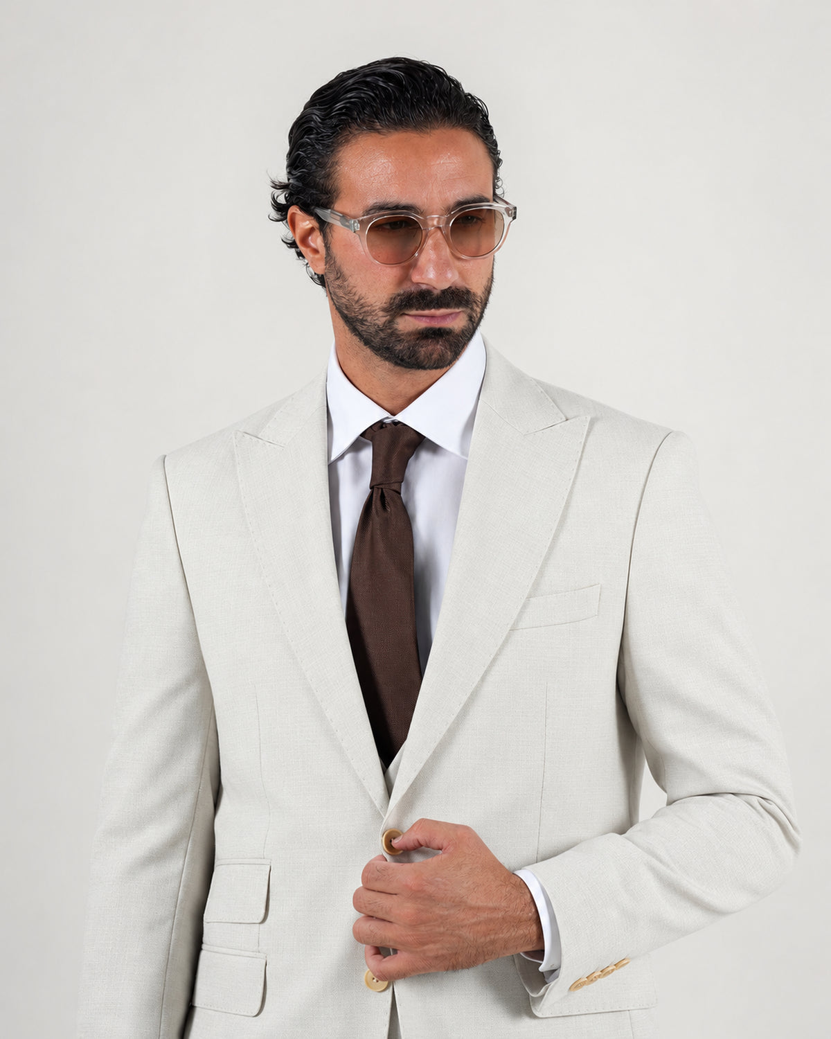 Beige tailored-fit three-piece microfibre-blend suit