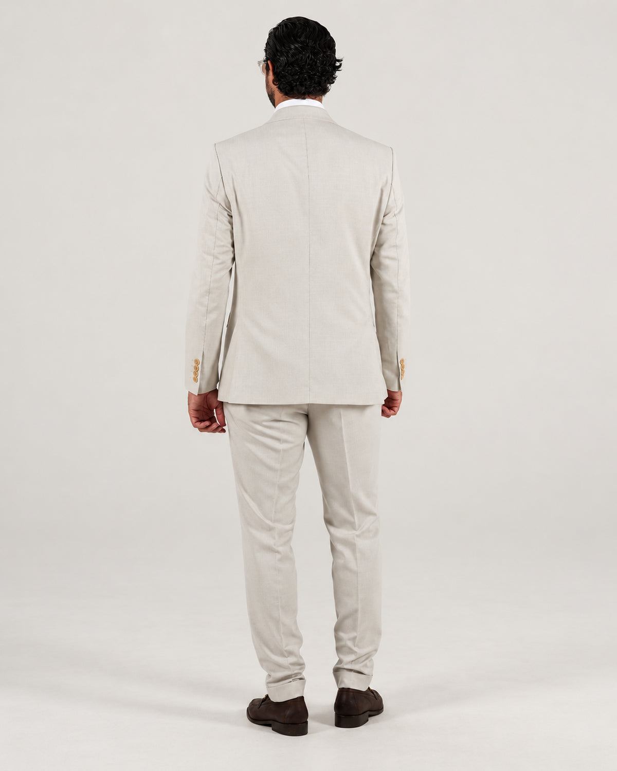 Beige tailored-fit three-piece microfibre-blend suit