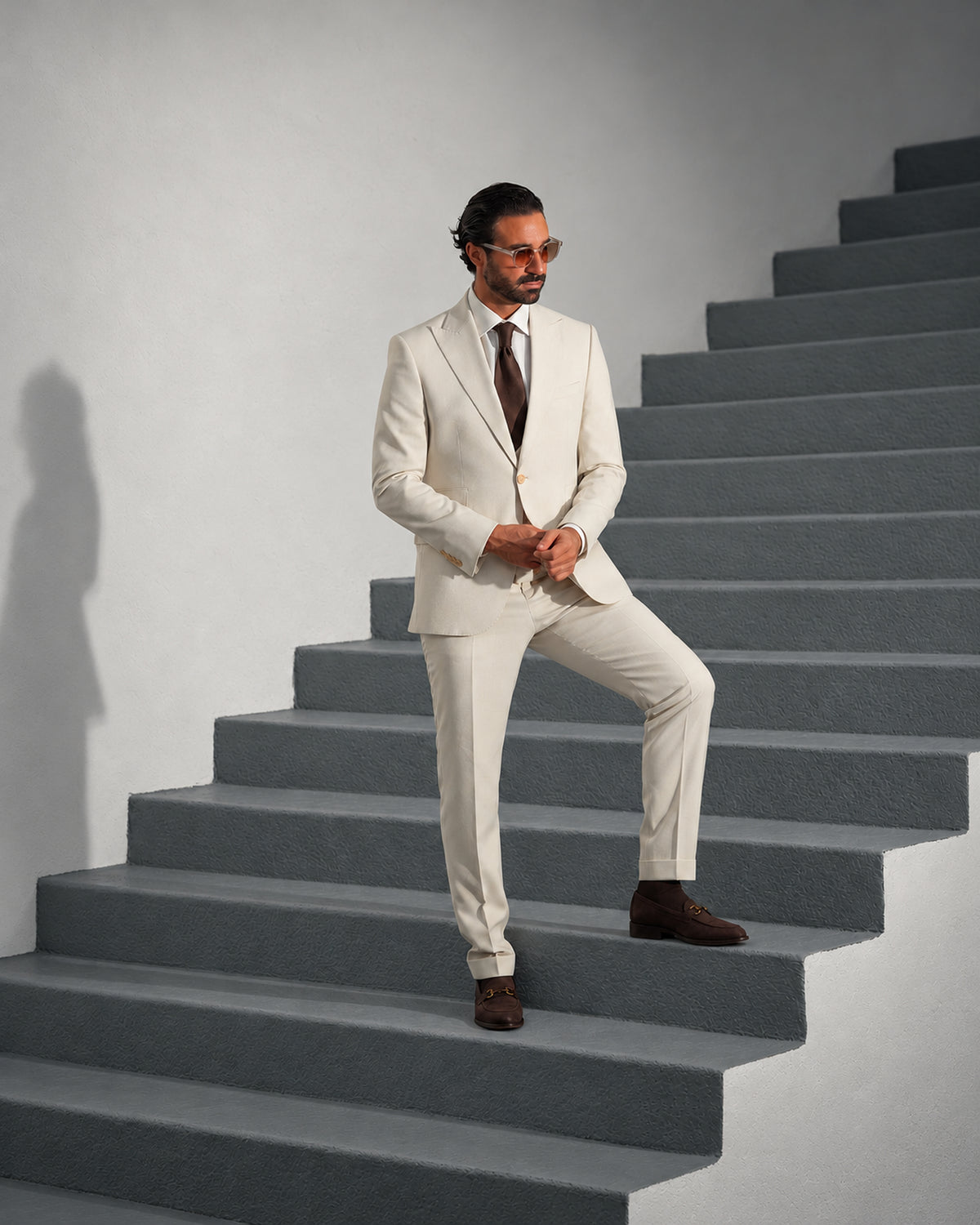 Beige tailored-fit three-piece microfibre-blend suit