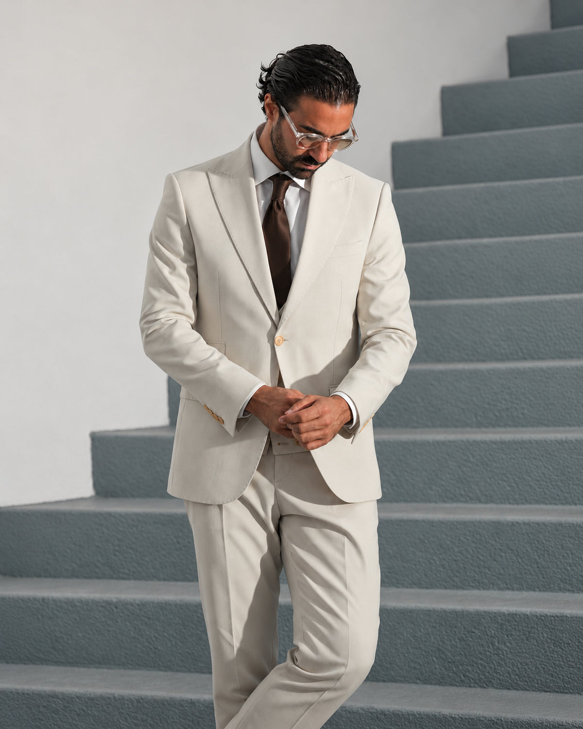 Beige tailored-fit three-piece microfibre-blend suit