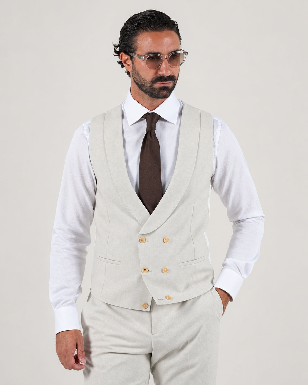 Beige tailored-fit three-piece microfibre-blend suit