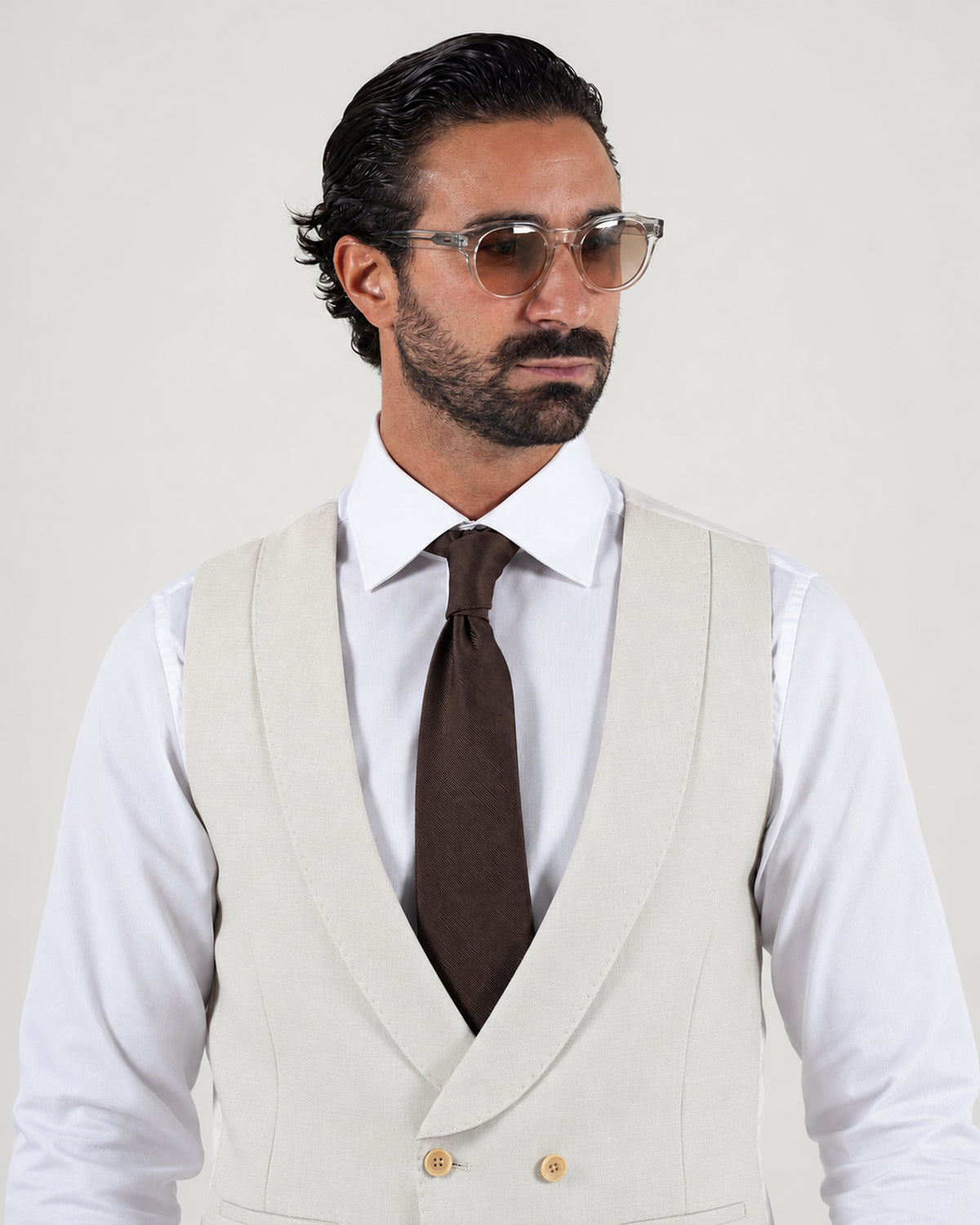 Beige tailored-fit three-piece microfibre-blend suit