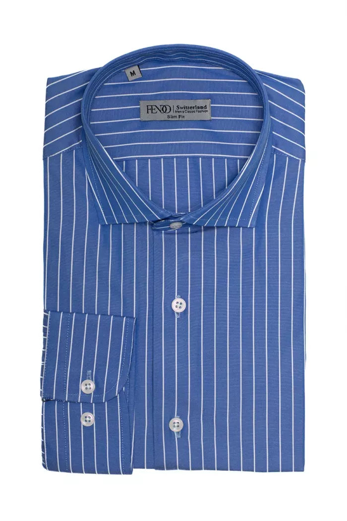 Blue slim fit cotton shirt with white stripes