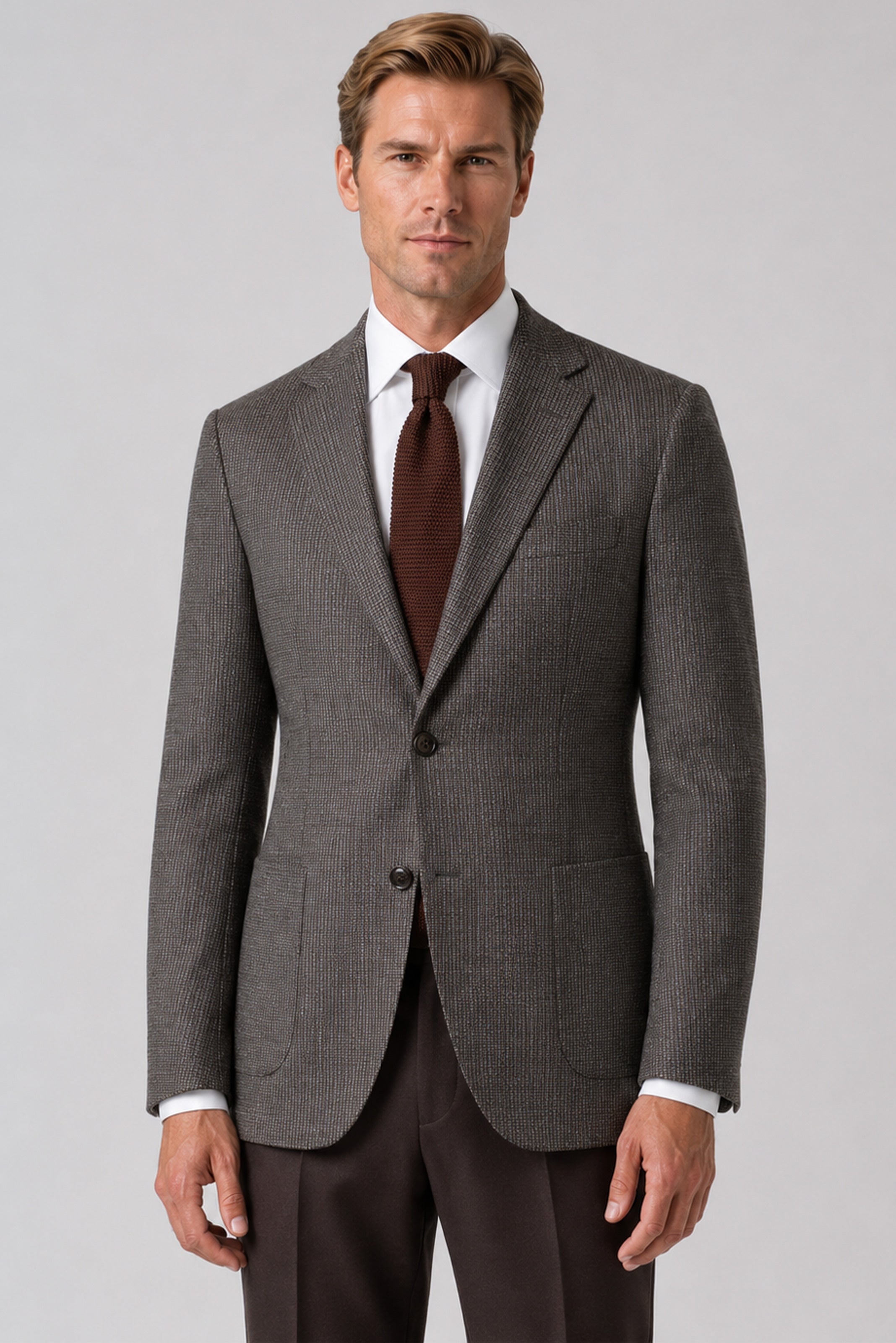 Brown patterned slim fit single breasted blazer