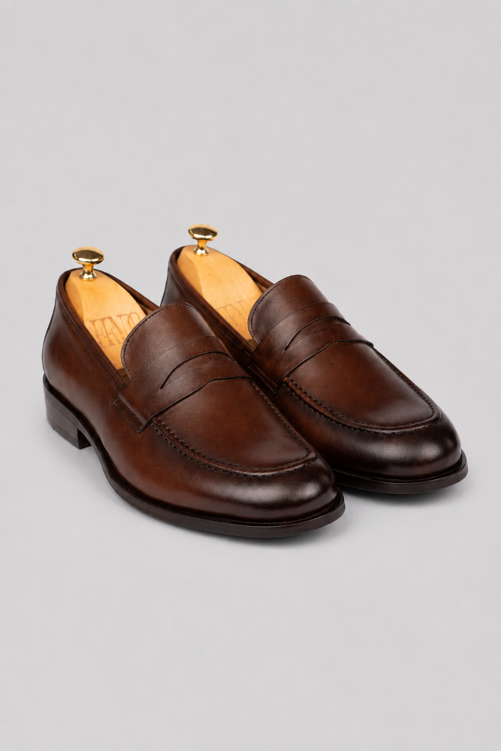 Brown calf leather penny loafer shoes