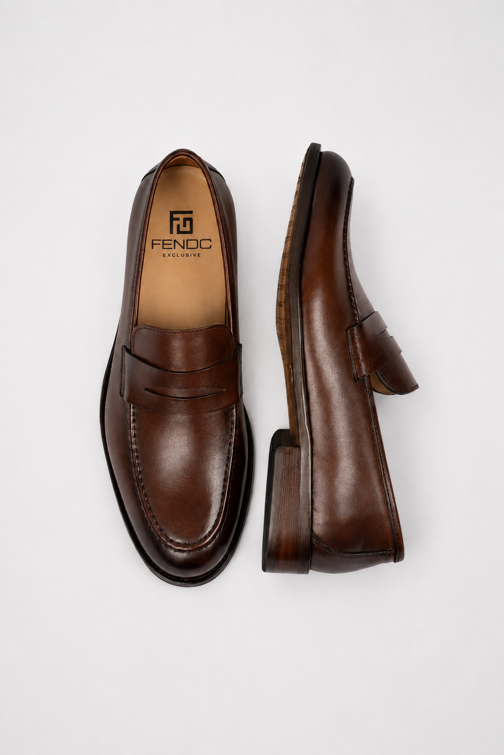 Brown calf leather penny loafer shoes