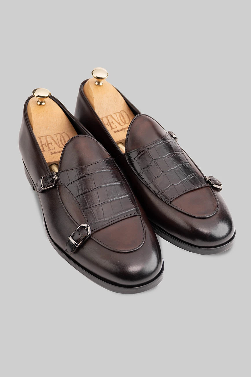 Brauner Double-Monk-Strap-Schuh aus Kalbsleder