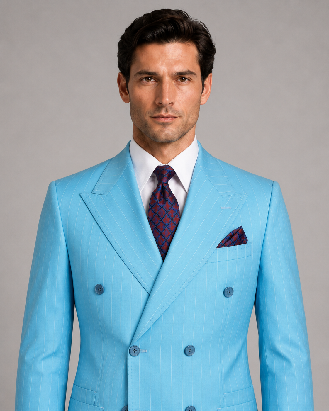 Hellblaue gestreift Modern Fit Zweireiher Anzug