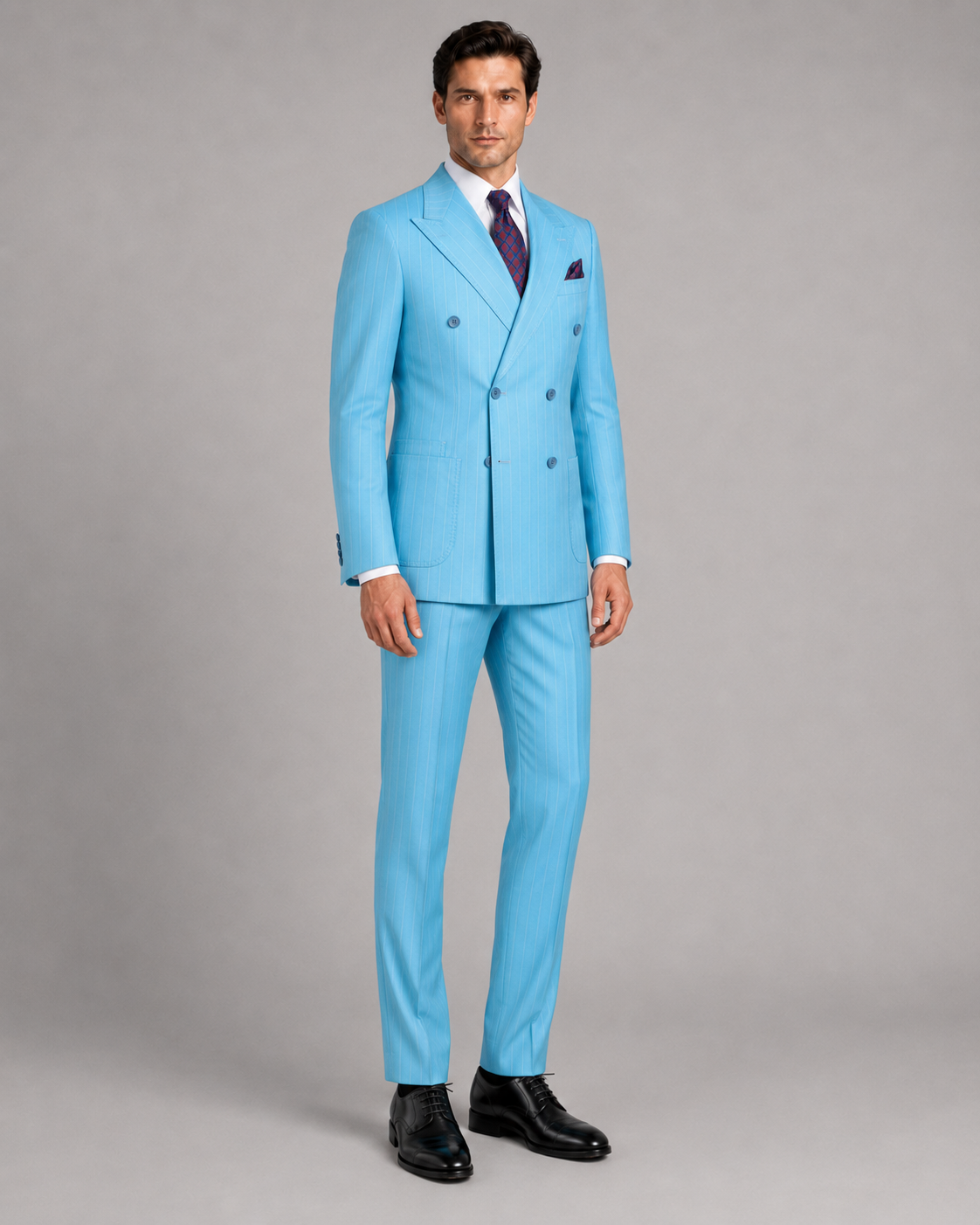 Hellblaue gestreift Modern Fit Zweireiher Anzug