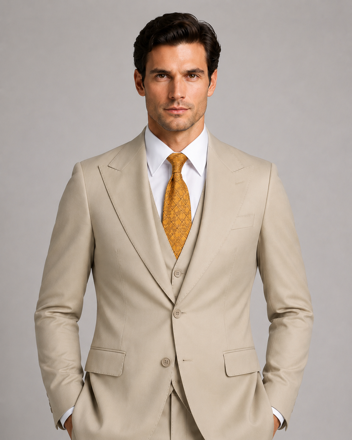Beige Modern Fit Einreihiger Anzug