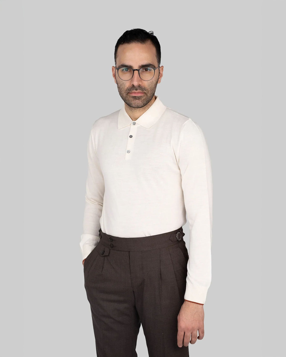 Cremefarbener Regular-Fit-Henley-Pullover aus Wollmischung