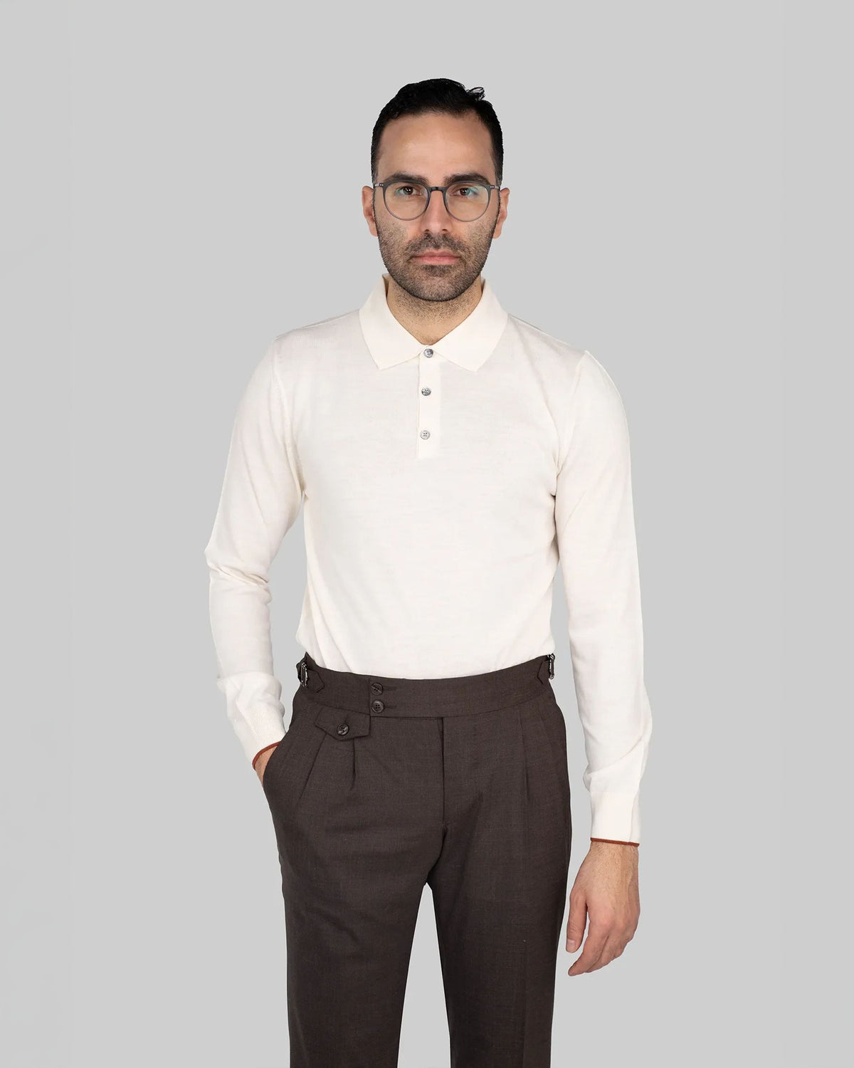 Cremefarbener Regular-Fit-Henley-Pullover aus Wollmischung