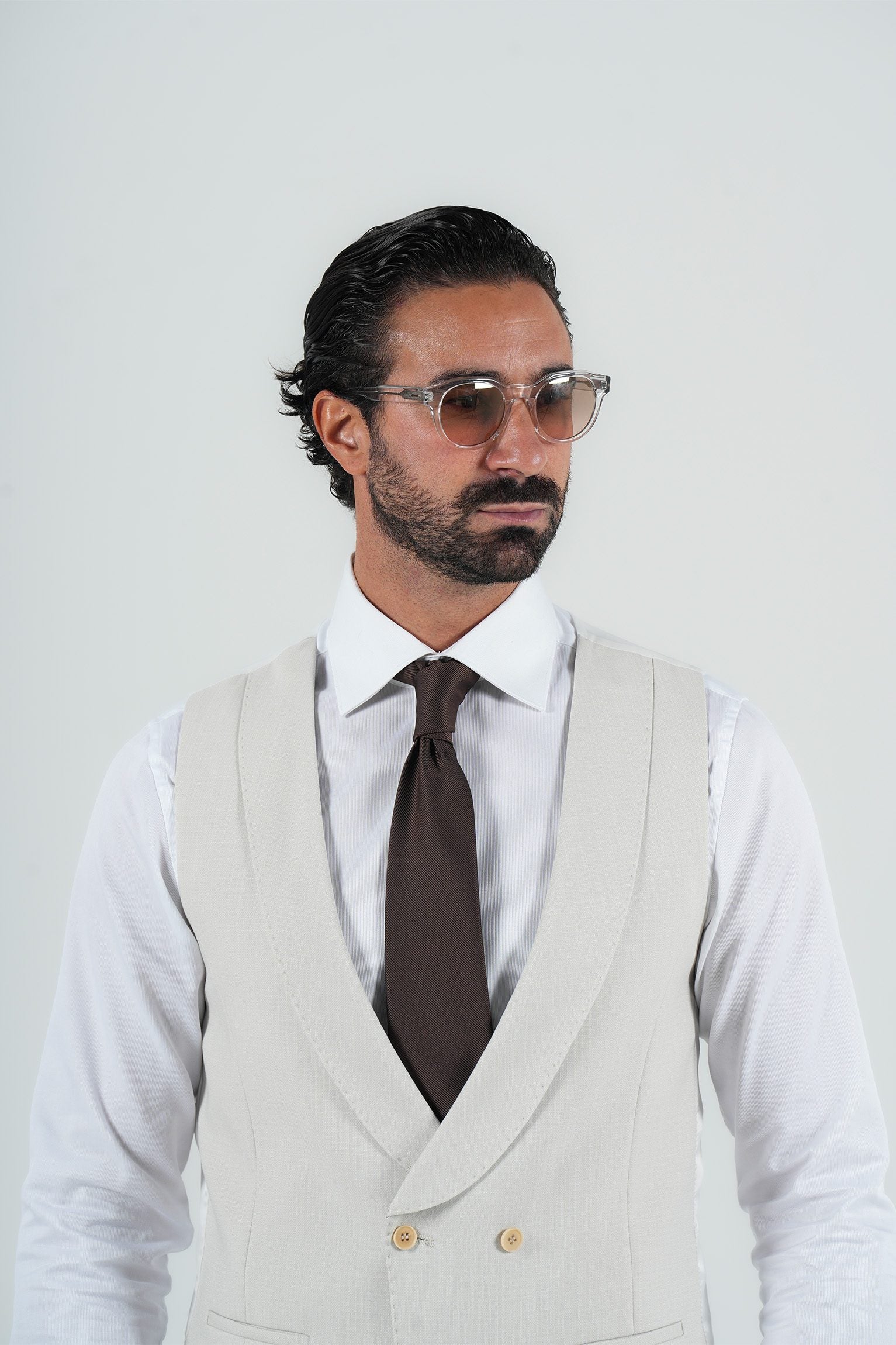 Beige three-piece microfiber suit with tailored fit