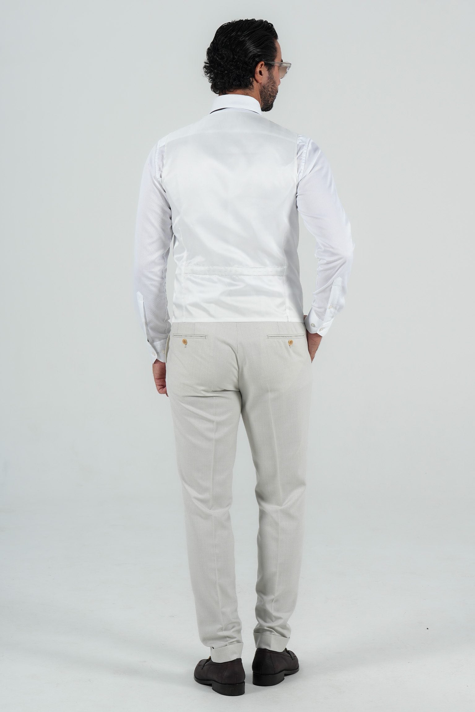 Beige three-piece microfiber suit with tailored fit