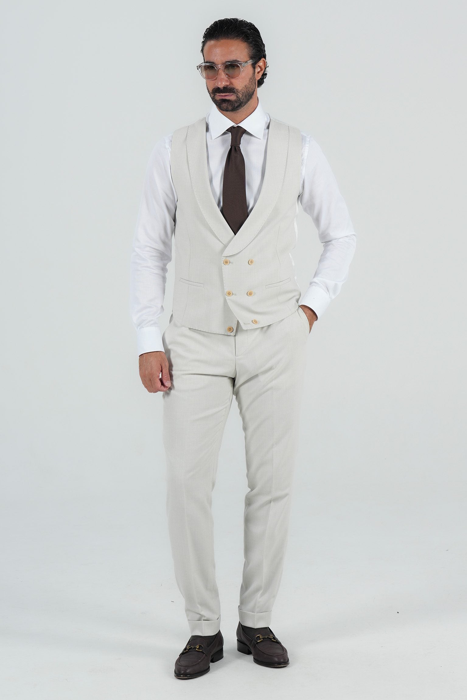 Beige three-piece microfiber suit with tailored fit
