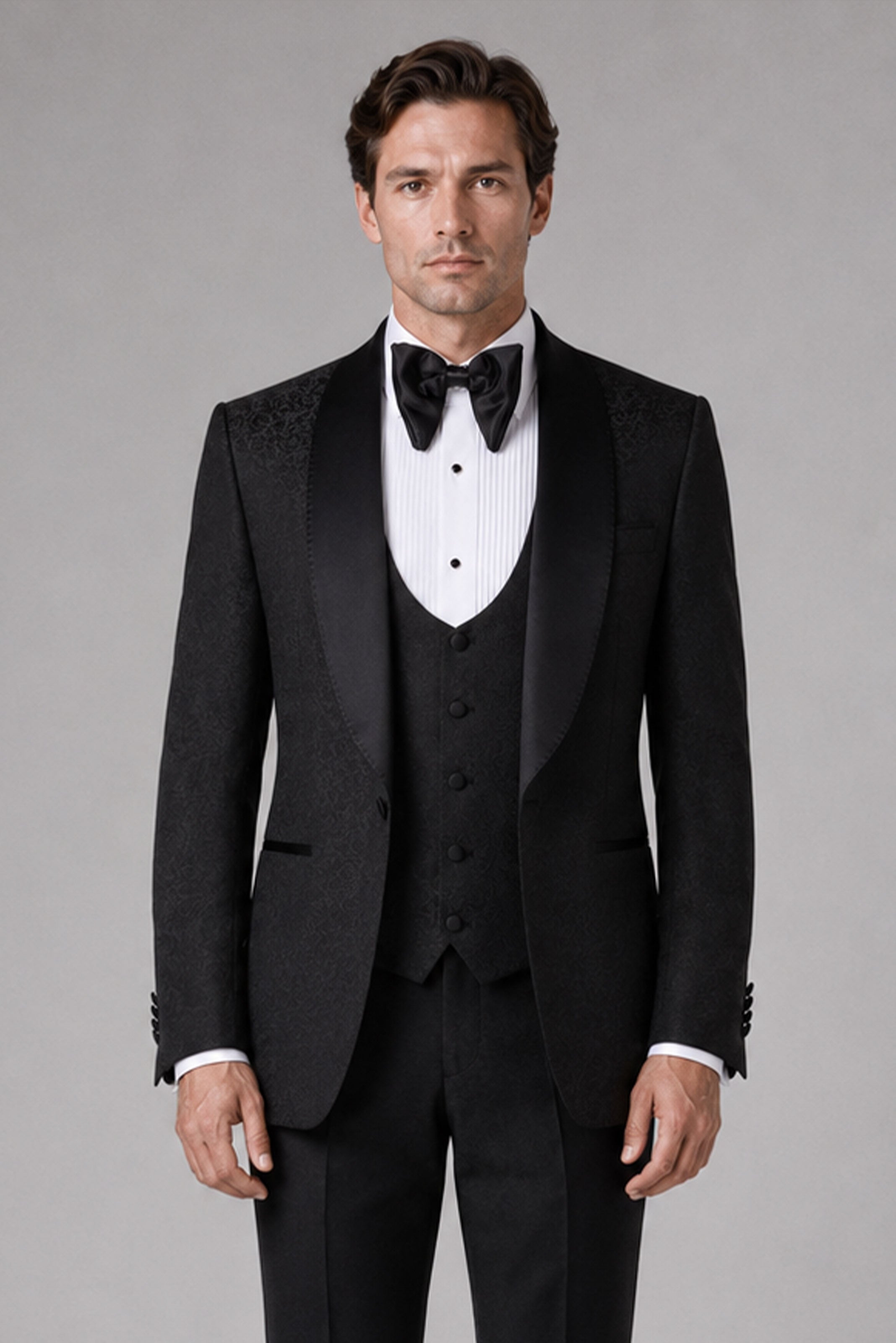 Smoking Herren Schwarz – Edler Anzug mit Strukturstoff Satin-Revers