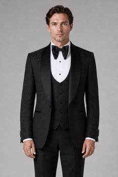 Smoking Herren Schwarz – Edler Anzug mit Strukturstoff Satin-Revers