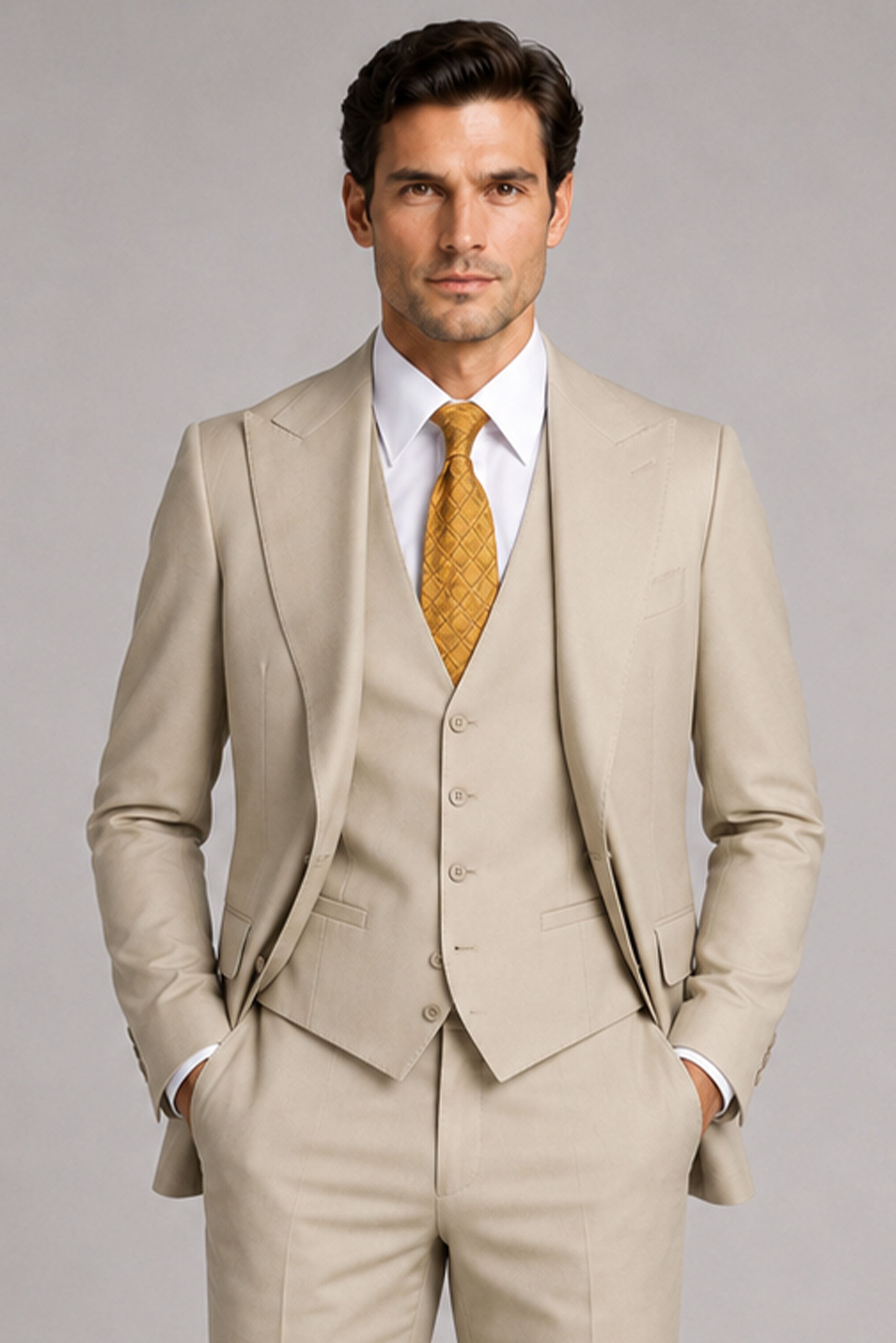 Beige Modern Fit Einreihiger Anzug