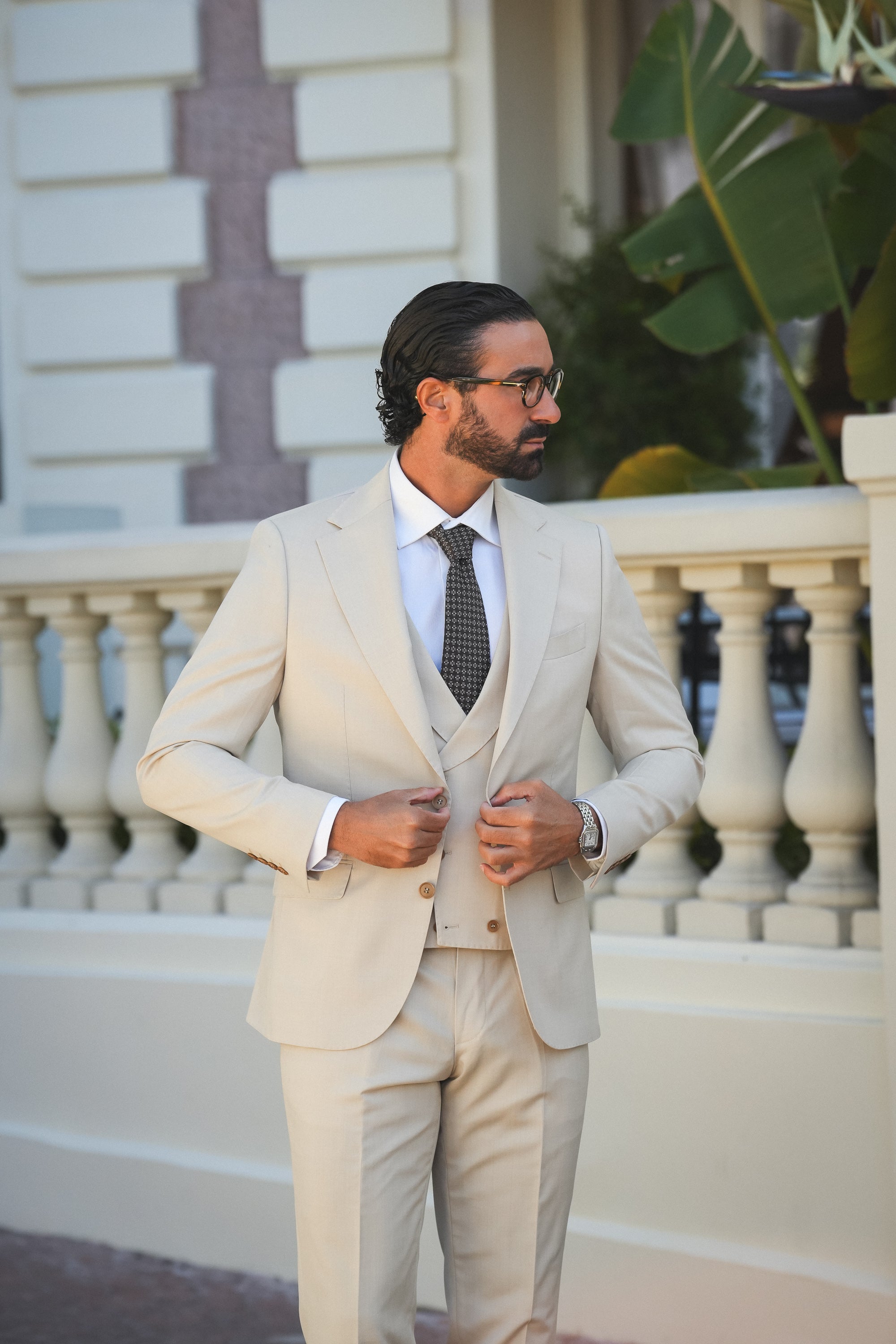 Beiger Slim-Fit Super 130’s Wollanzug mit Einreiher