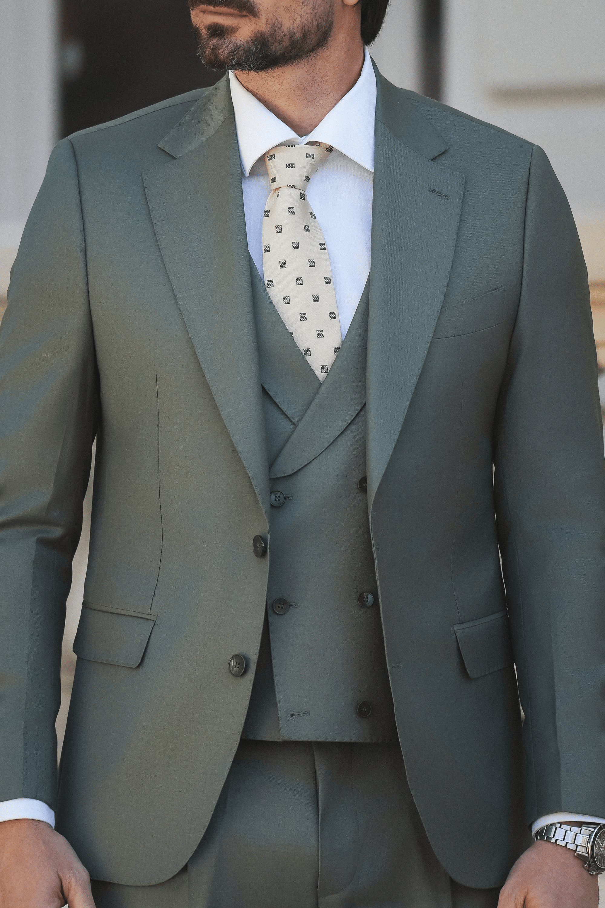 Hellgrüner Slim-Fit Super 130’s Wollanzug mit Einreiher