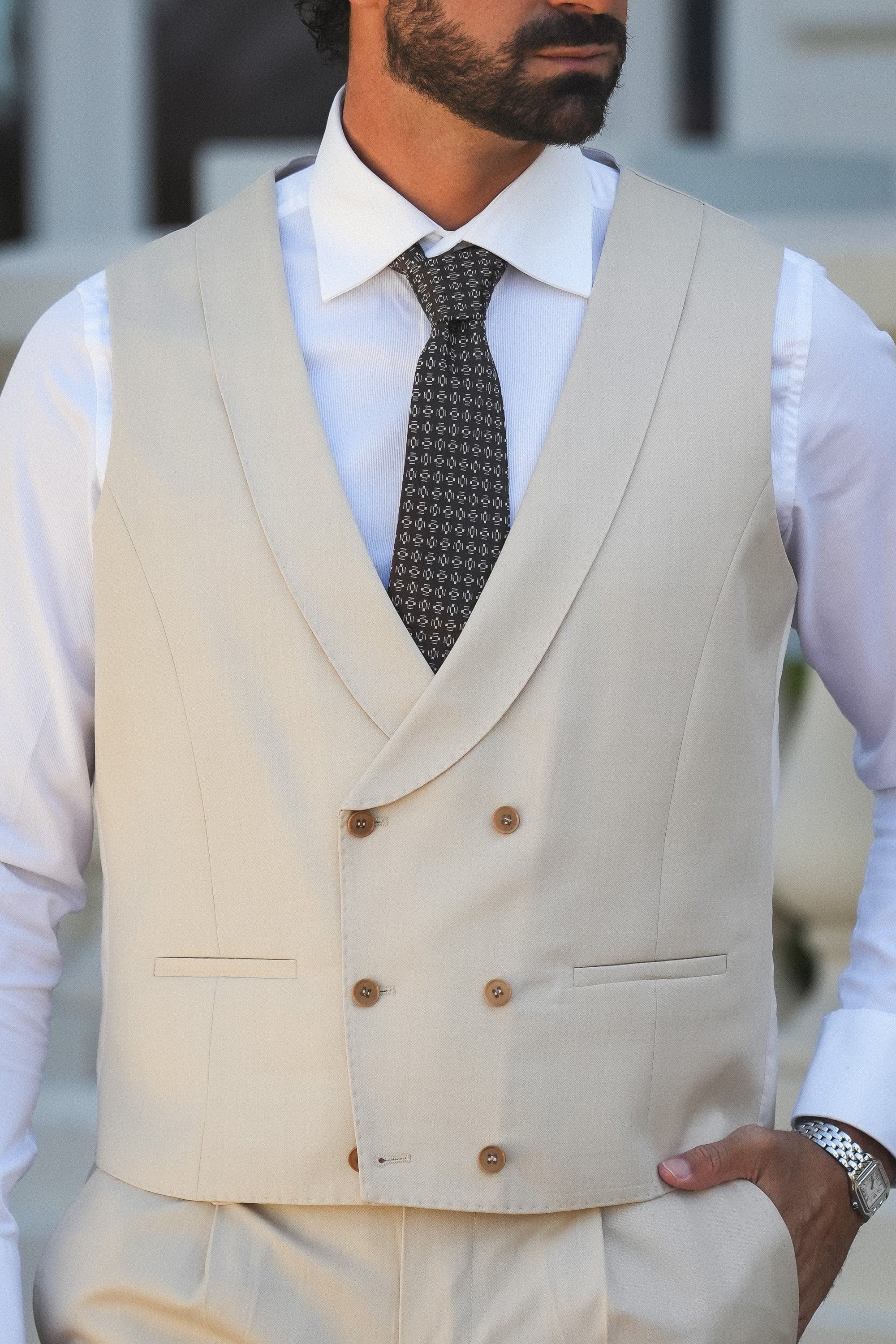 Beiger Slim-Fit Super 130’s Wollanzug mit Einreiher