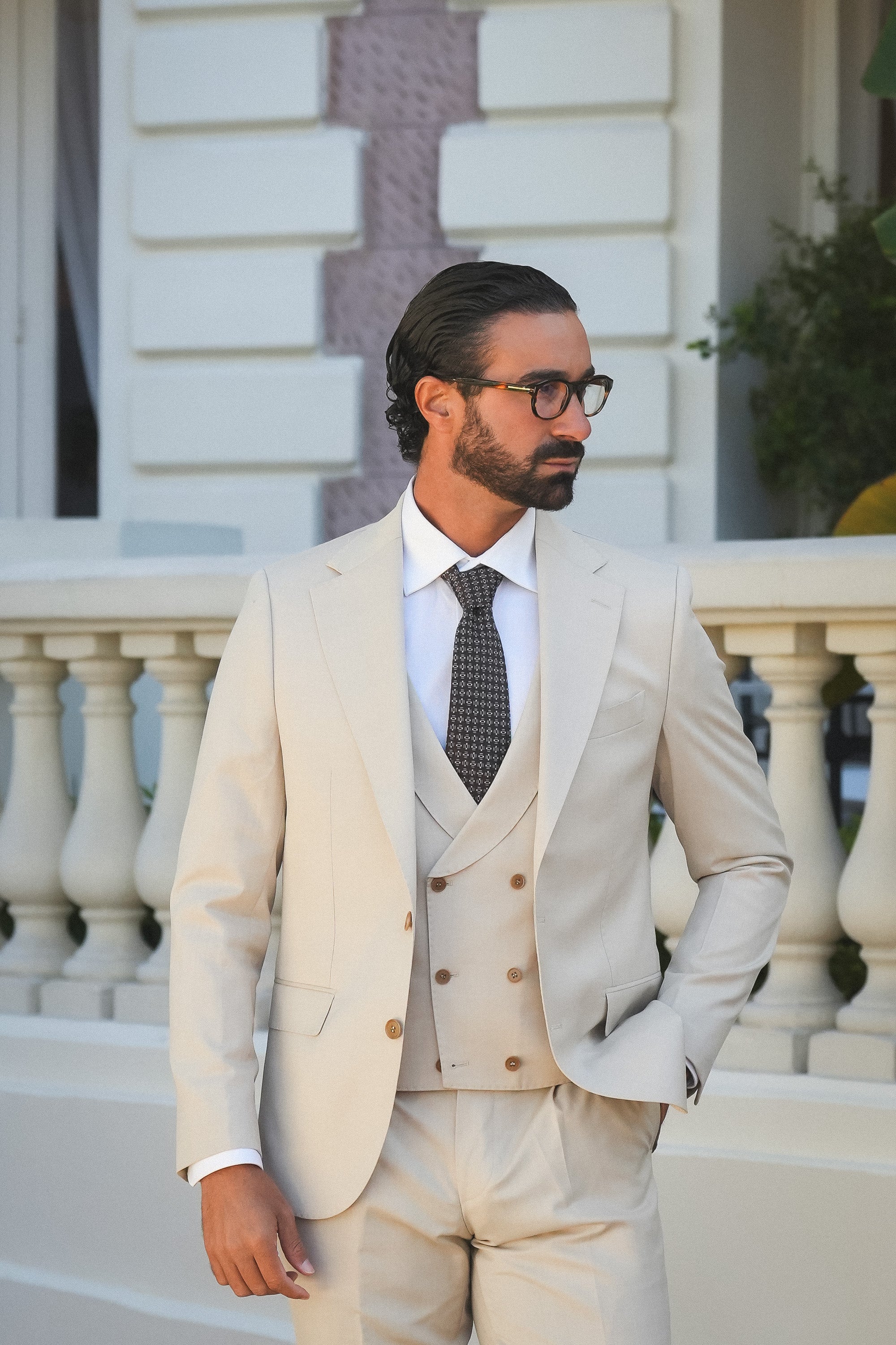 Beiger Slim-Fit Super 130’s Wollanzug mit Einreiher