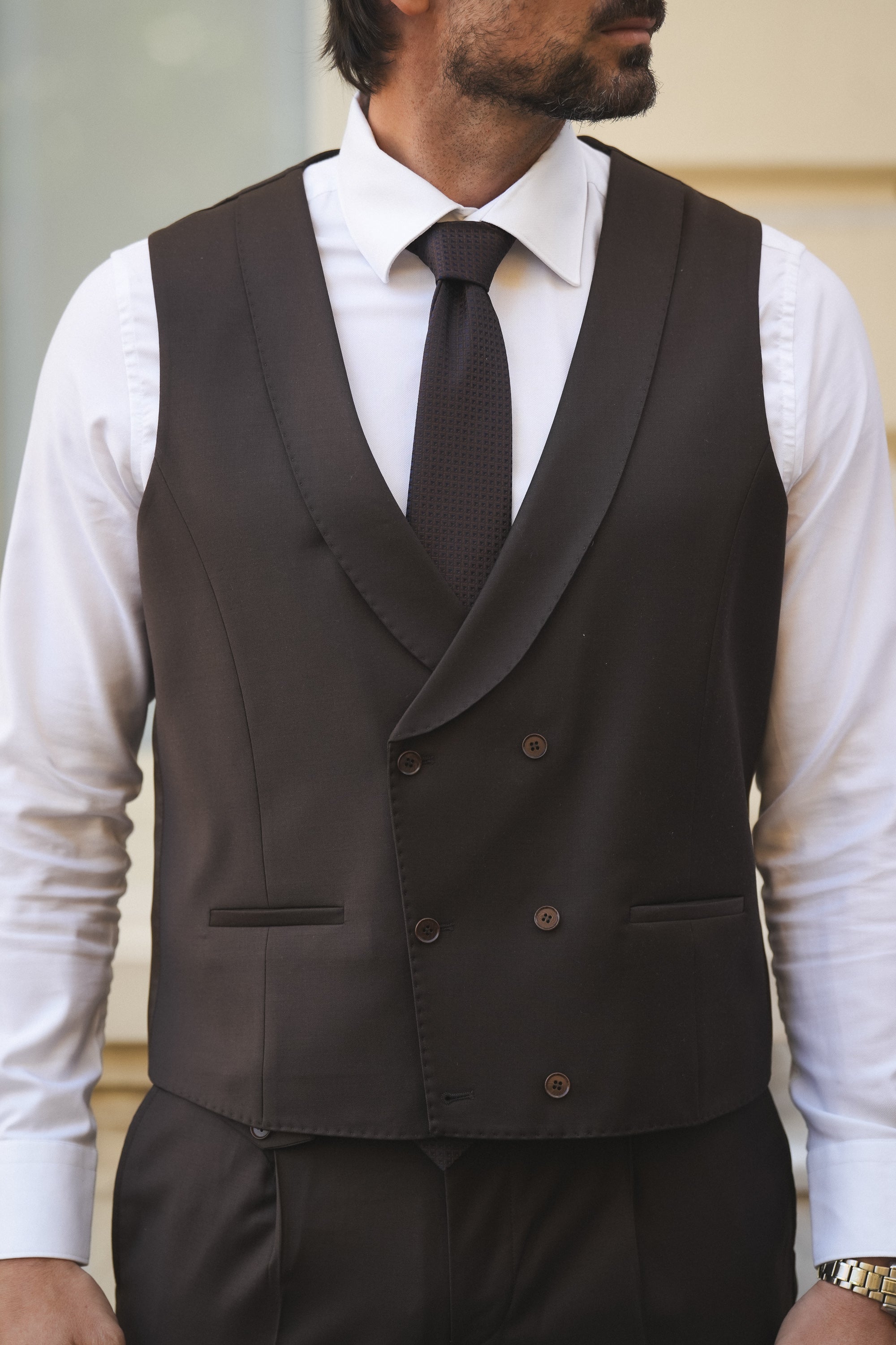 Brauner Slim-Fit Super 130’s Wollanzug mit Einreiher