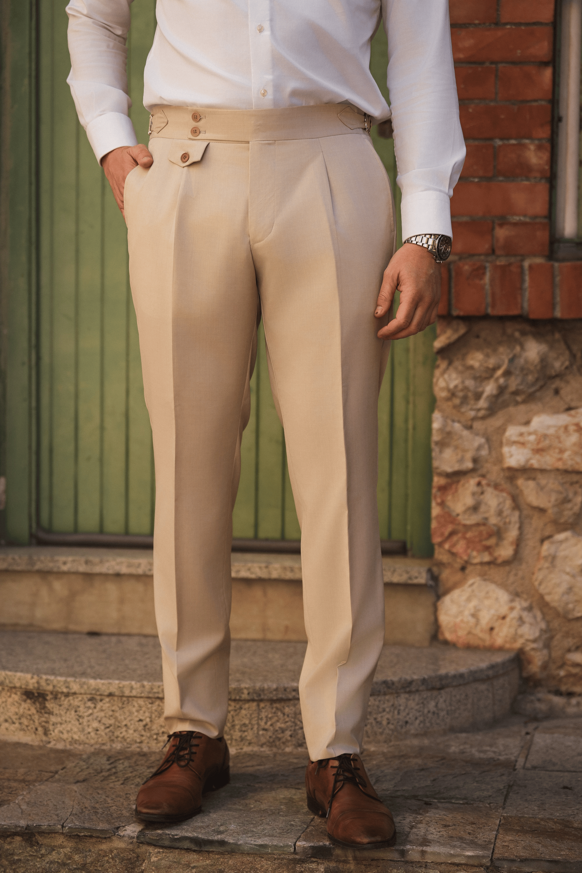 Beiger Slim-Fit Super 130’s Wollanzug mit Zweireiher