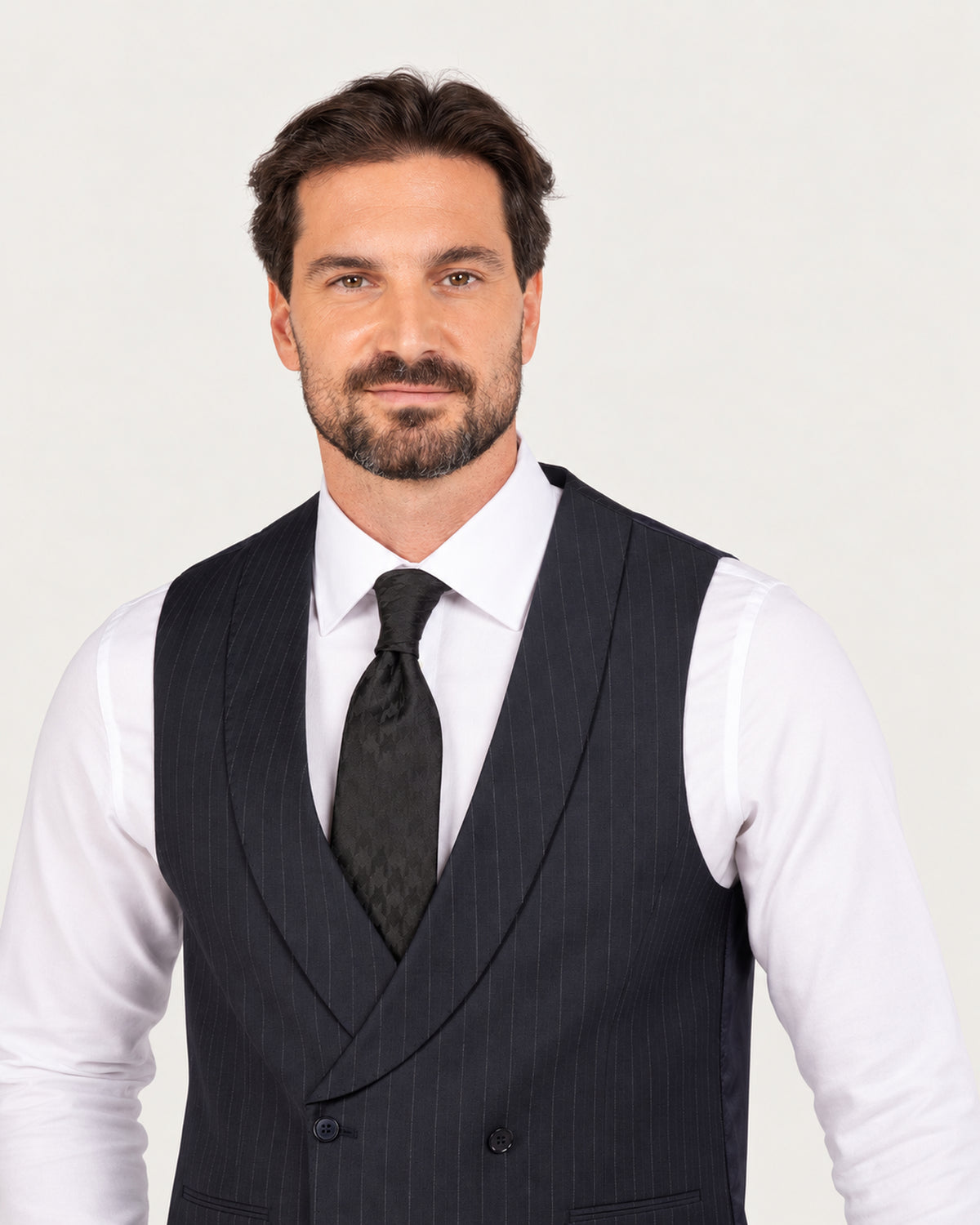 Navy pinstripe slim-fit three-piece wool suit