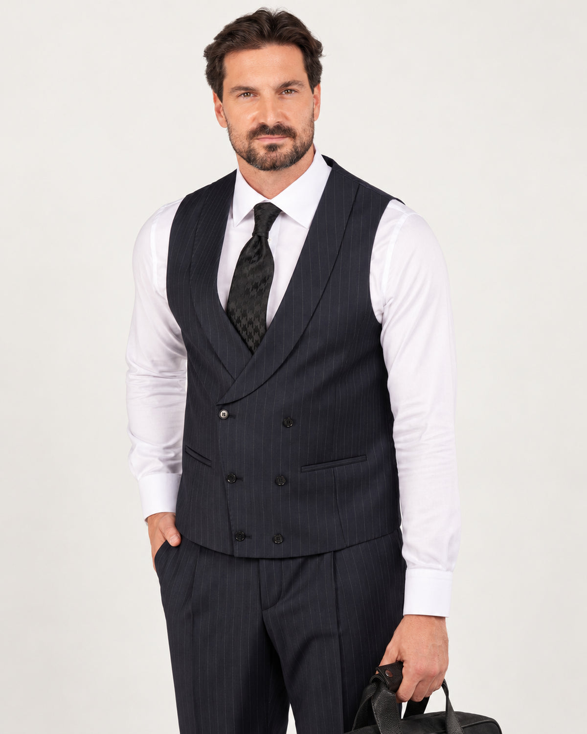 Navy pinstripe slim-fit three-piece wool suit