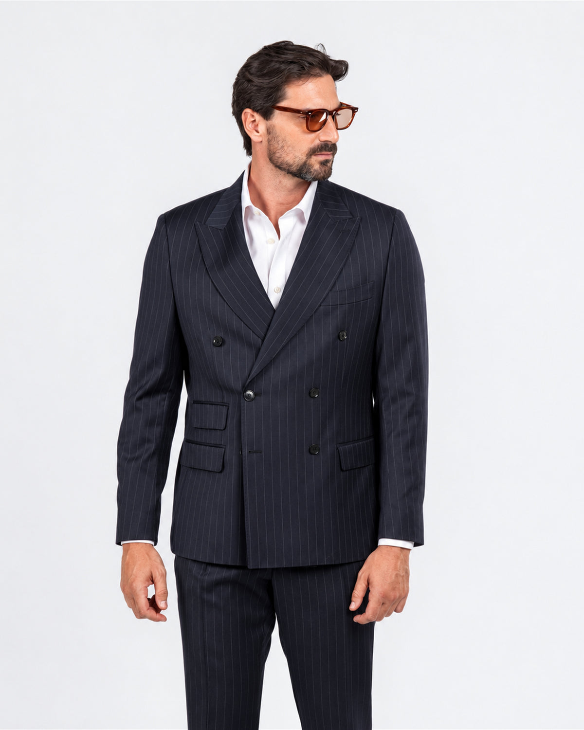 Dark blue pinstripe slim fit double-breasted wool suit