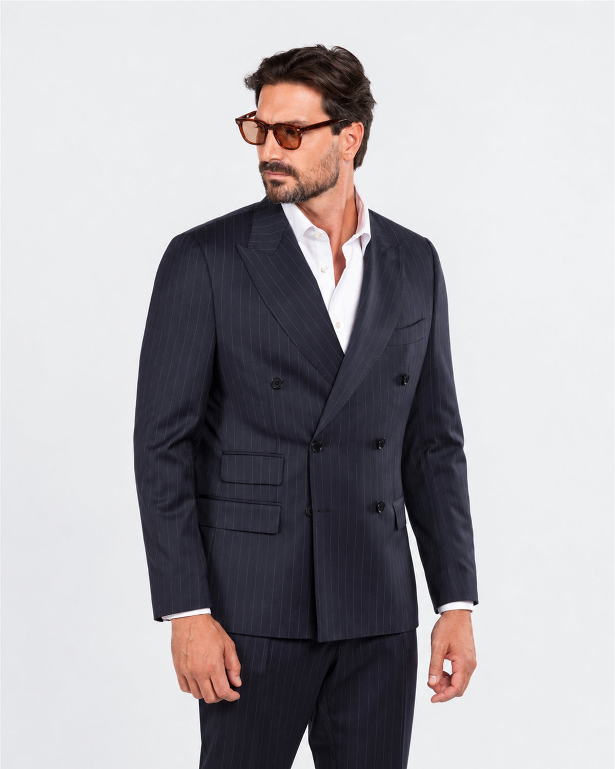 Dark blue pinstripe slim fit double-breasted wool suit