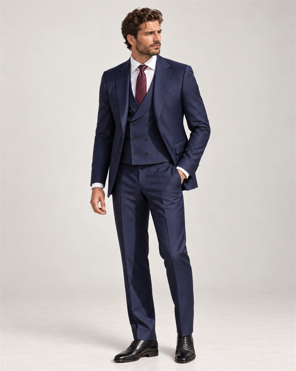Navy slim-fit three-piece Super 130S wool suit – full-length view on model
