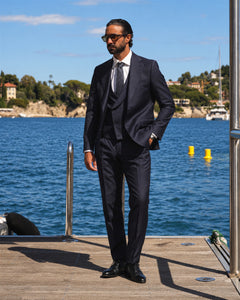 Dark blue Slim-Fit Super 130's pinstripe wool suit with single-breasted jacket