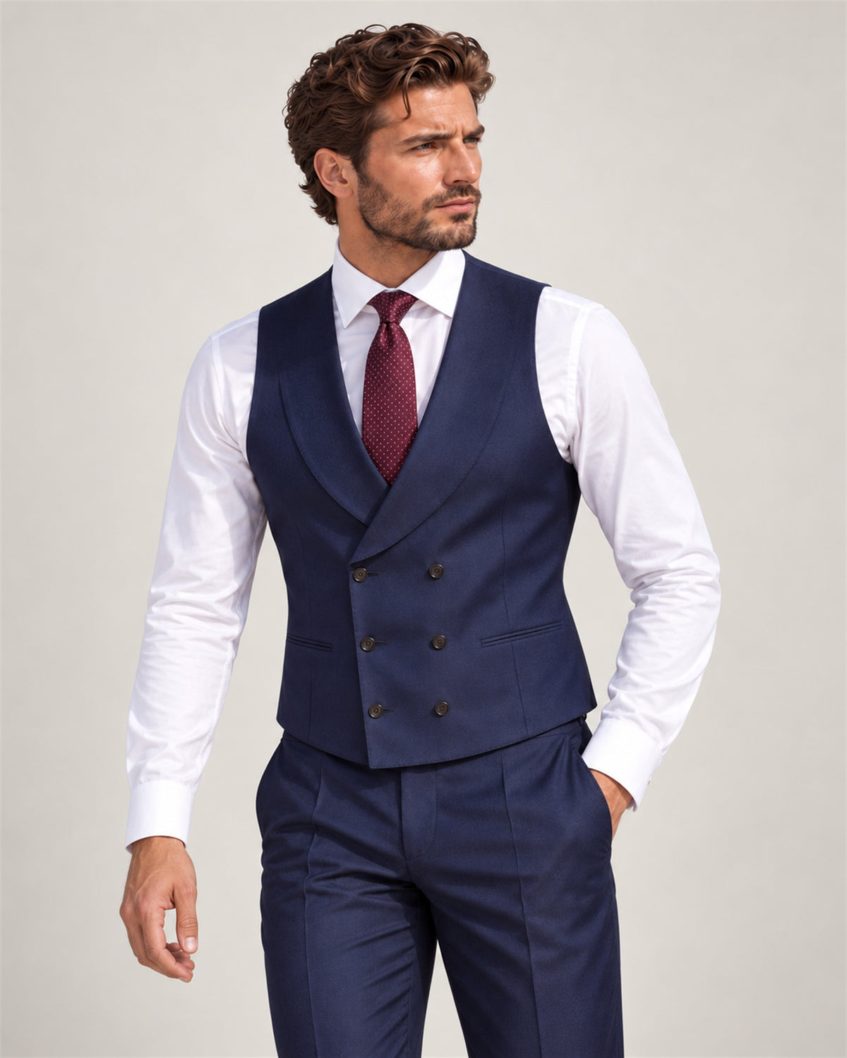 Navy slim-fit three-piece Super 130S wool suit – waistcoat on model