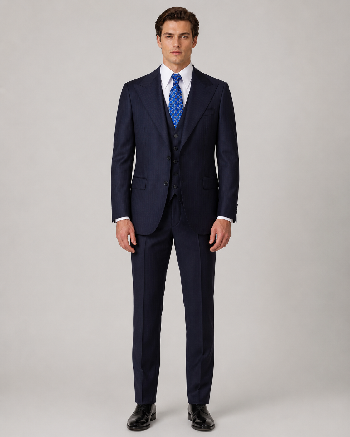 Dunkelblauer Modern Fit Streifen Einreiher Anzug
