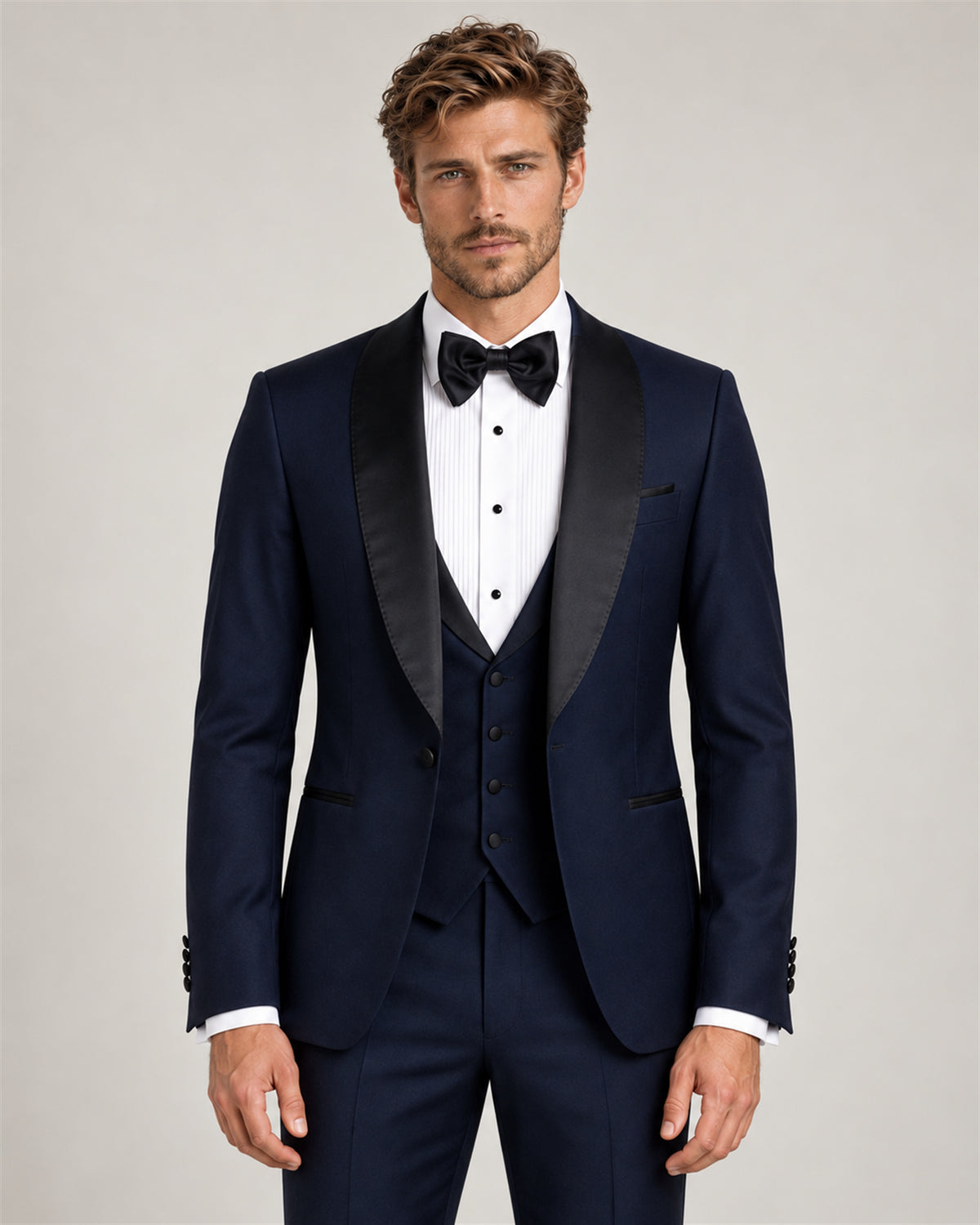 Navy three-piece wool tuxedo – on model