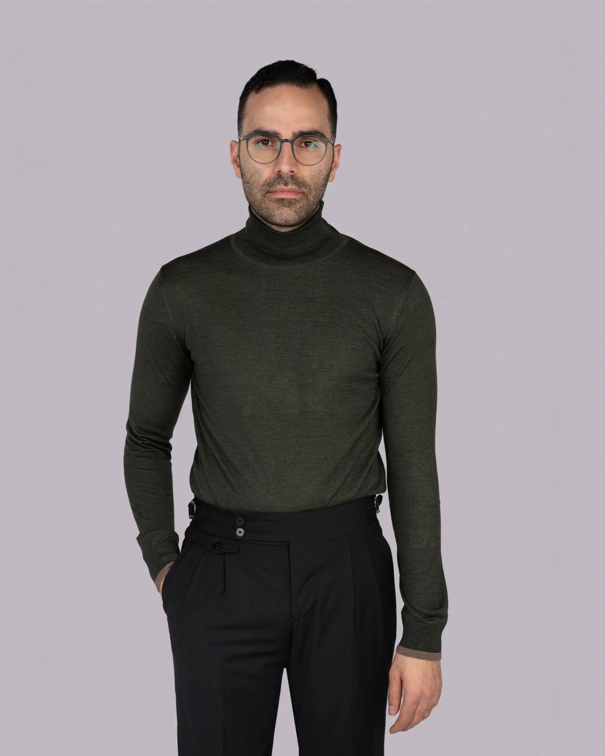 Dunkelgrüner italienischer Woll-Acryl Rollkragenpullover