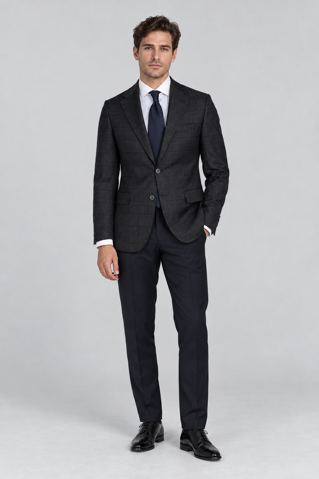 Dunkelgraues Tailored-Fit-Einreiher-Sakko aus Wolle mit Karomuster