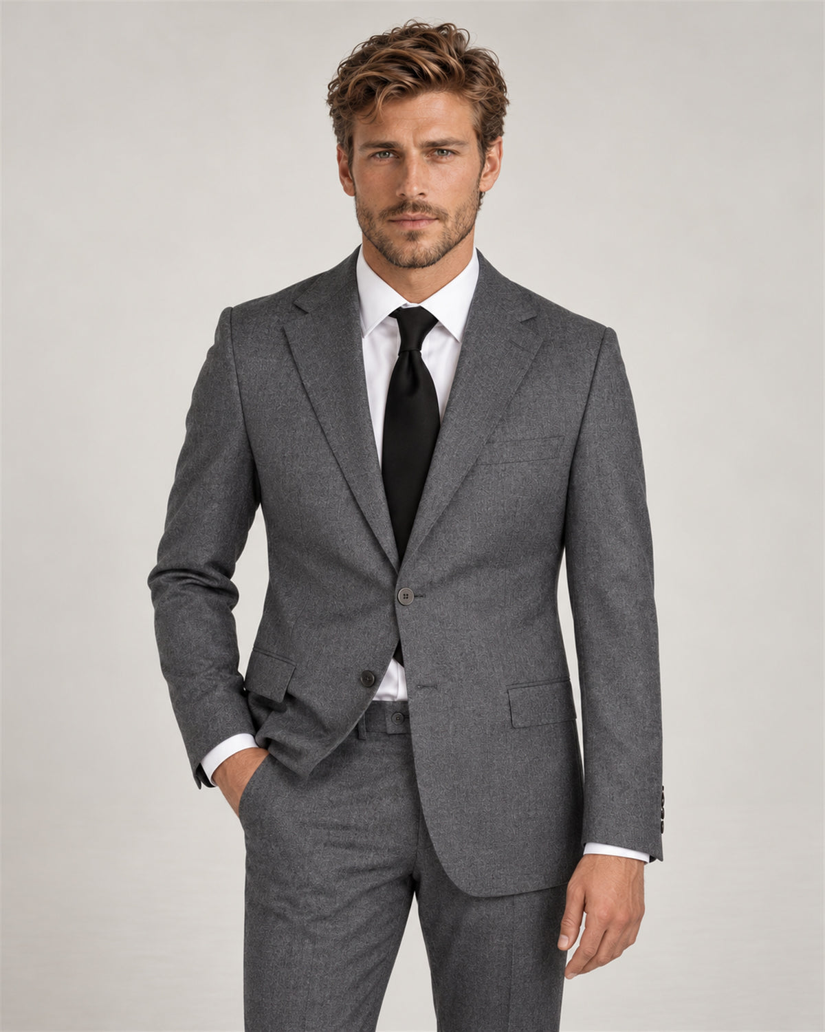 Grey tailored-fit single-breasted wool flannel suit – on model