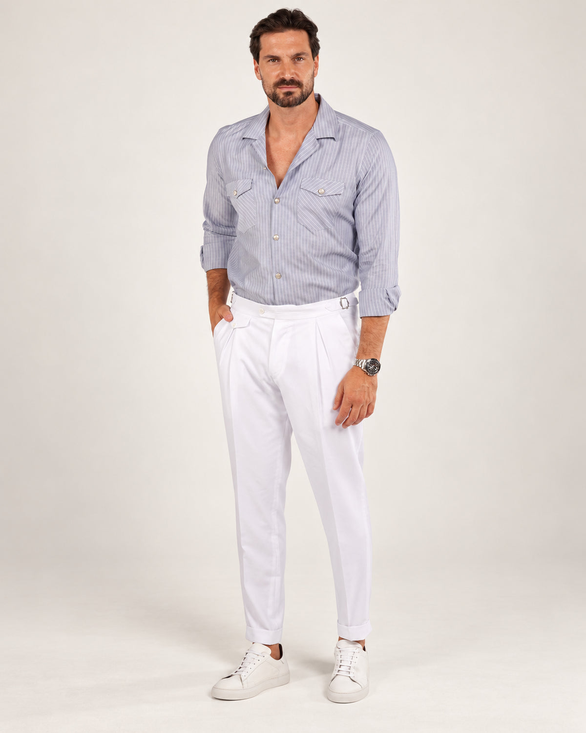 Grey striped cotton safari shirt