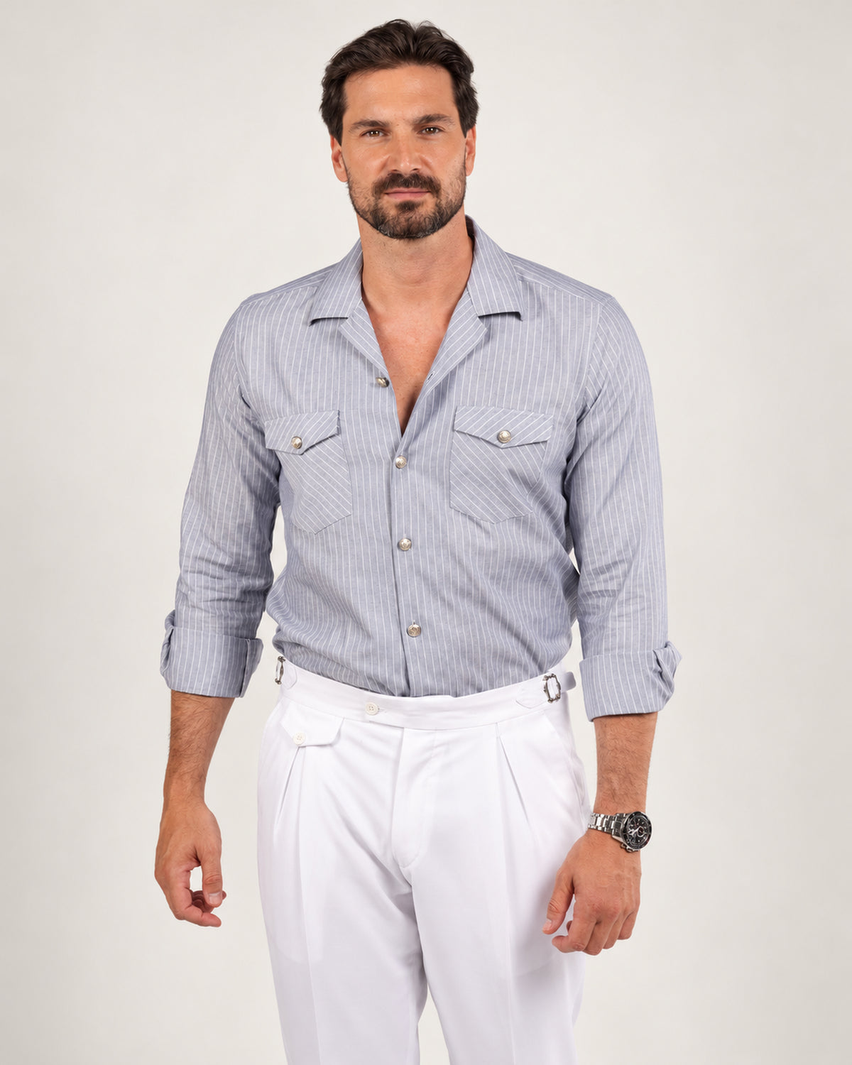 Grey striped cotton safari shirt
