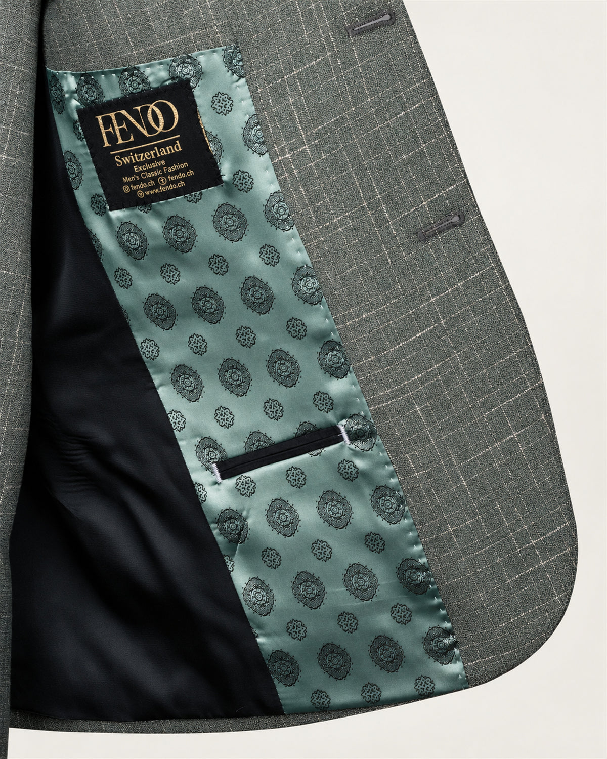Green checked modern-fit three-piece suit – lining detail