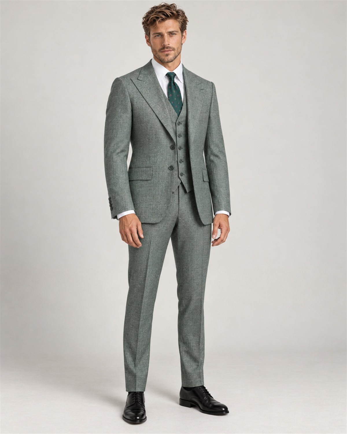 Green checked modern-fit three-piece suit – full-length view